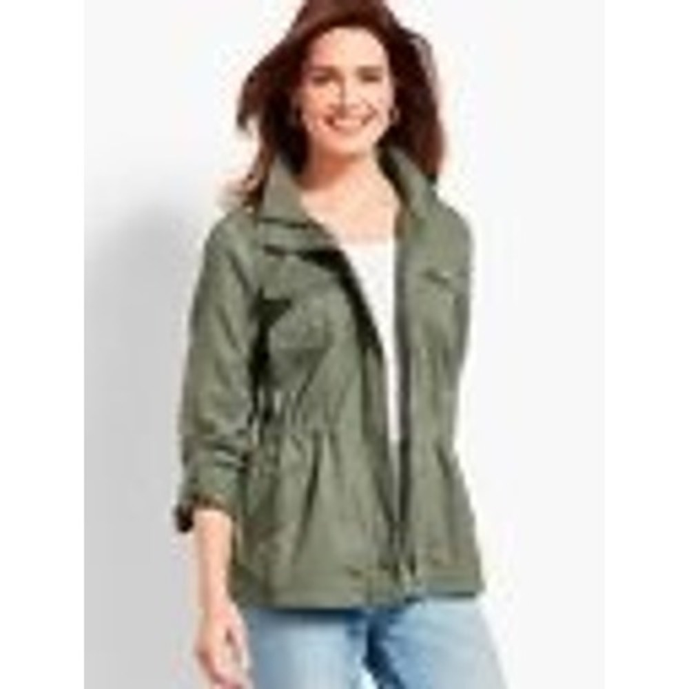 Talbots Olive Green Utility Jacket Women's Size L Roll Tab Sleeves